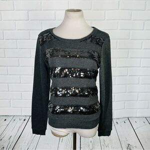 10/$25🦋 Forever 21 Black Sequin Stripe Crew Neck Sweater - Size Large